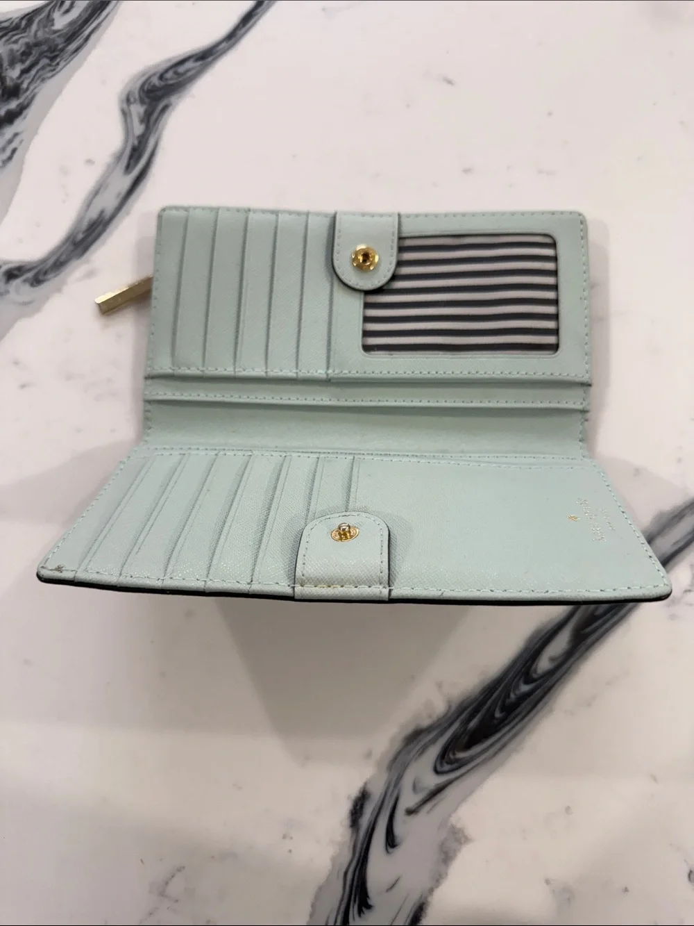 kate spade mint green wallet with gold logo